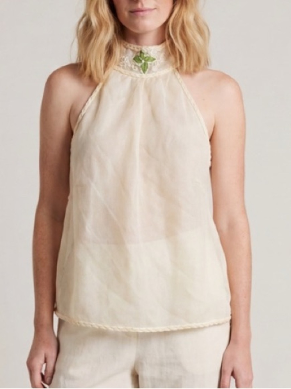 vintage Y2k Max Studio halter mock neck top cream sheer overlay Linen Resortwear - Picture 3 of 16